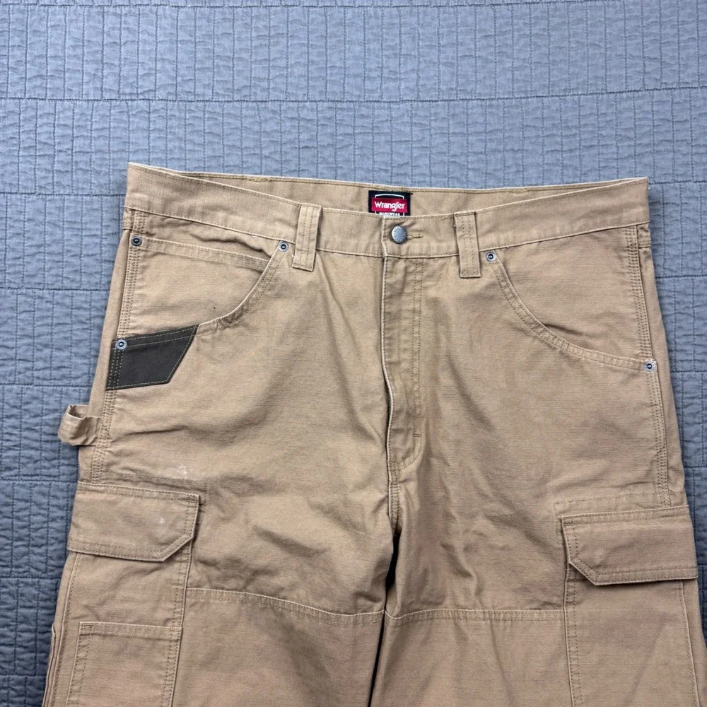 Wrangler Workwear Mens 38x32 Tan Ripstop Cargo Pants Utility Carpenter Relaxed